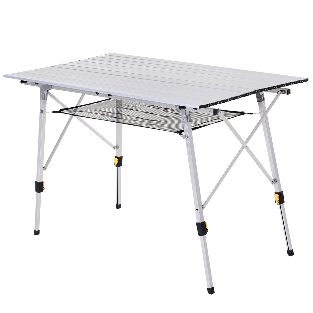 Portable 4FT Aluminum Folding Table - Picnic & Camping Table with Roll-Up Top and Mesh Rack - Ideal for Outdoor BBQs and Gatherings