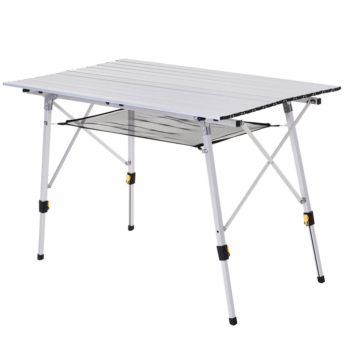 Portable 4FT Aluminum Folding Table - Picnic & Camping Table with Roll-Up Top and Mesh Rack - Ideal for Outdoor BBQs and Gatherings