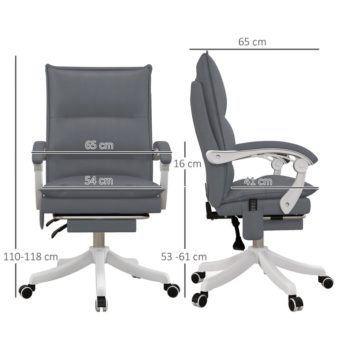 Ergonomic Reclining Office Chair with Vibration Massage and Heat - Faux Leather Desk Chair with Footrest, Armrest, and Plush Double-Tiered Padding, Grey - Comfort for Long Hours at Work