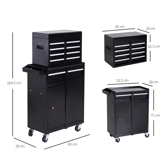 2-in-1 Metal Tool Chest Cabinet with Pegboard - 5 Drawers, Wheels, and Spacious Storage - Ideal for Workshop Organization and Mobility (60x28x104.5cm, Black)