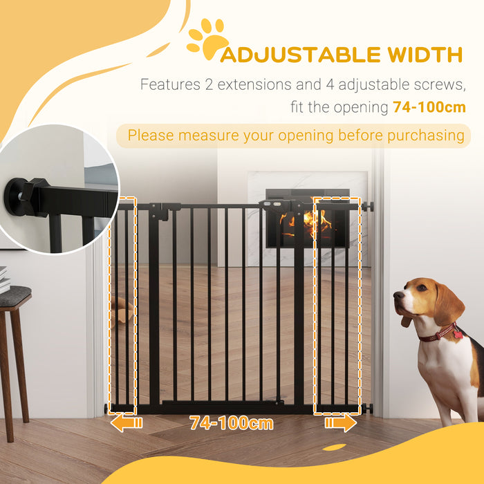 Adjustable Metal Dog Gate 74-100cm Wide in Black - Pet Safety Barrier for Home - Ideal for Puppies & Small Dogs