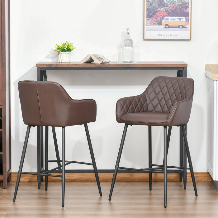 Retro PU Leather Bar Stools, Set of 2 - Comfortable Backrest and Metal Frame with Footrest - Stylish Seating for Home Dining and Kitchen Areas