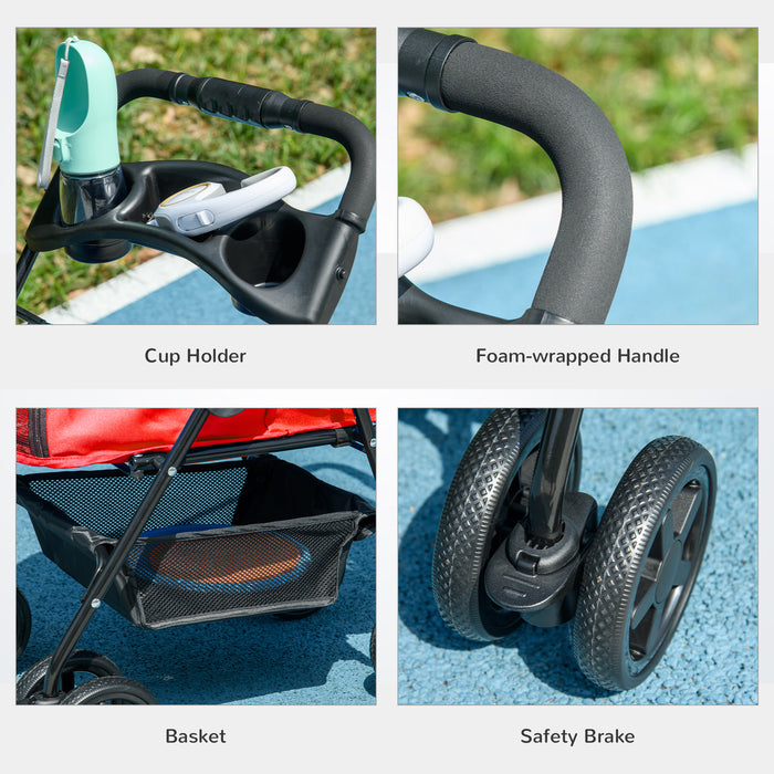 No-Zip Pet Stroller - Dog & Cat Travel Pushchair with Foldable Trolley, EVA Wheels, Brake, Basket - Adjustable Canopy & Safety Leash for Outdoor Jogging Convenience