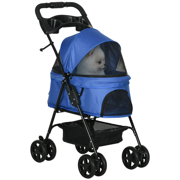 Pet Stroller - Dog & Cat Travel Pushchair with One-Click Folding, EVA Wheels, Brake System, and Adjustable Canopy - Safe and Comfortable Blue Trolley for Pet Jogging and Transport