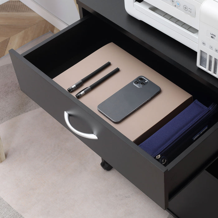 Mobile Printer Cabinet with Storage - Versatile Table, Open Shelf, and Drawer Design for Home & Office Organization - Sleek Black Finish, Space-Saving Solution