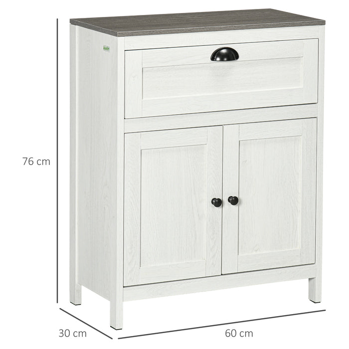 Freestanding White Bathroom Floor Cabinet with Drawer - Double Door Storage Cupboard and Adjustable Shelf - Space-Saving Organizer for Bathroom Essentials