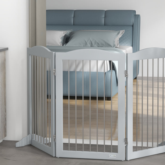 Foldable Freestanding Pet Barrier - Sturdy Dog Gate with Two Support Feet for Secure Placement - Ideal for Staircases, Hallways, Doorways in Grey
