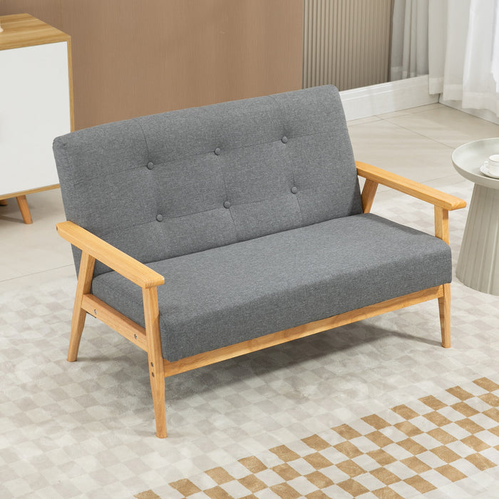 2-Seater Contemporary Sofa - Linen Fabric Upholstery, Tufted Design, Rubberwood Legs in Dark Grey - Perfect for Small Spaces & Modern Decor