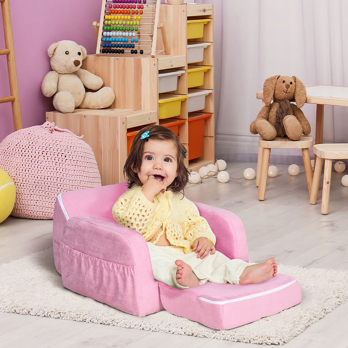 Kids 2-in-1 Armchair and Sofa Bed - Pink, Padded with Fold Out Design, Wood Frame - Perfect for Children's Bedroom or Playroom
