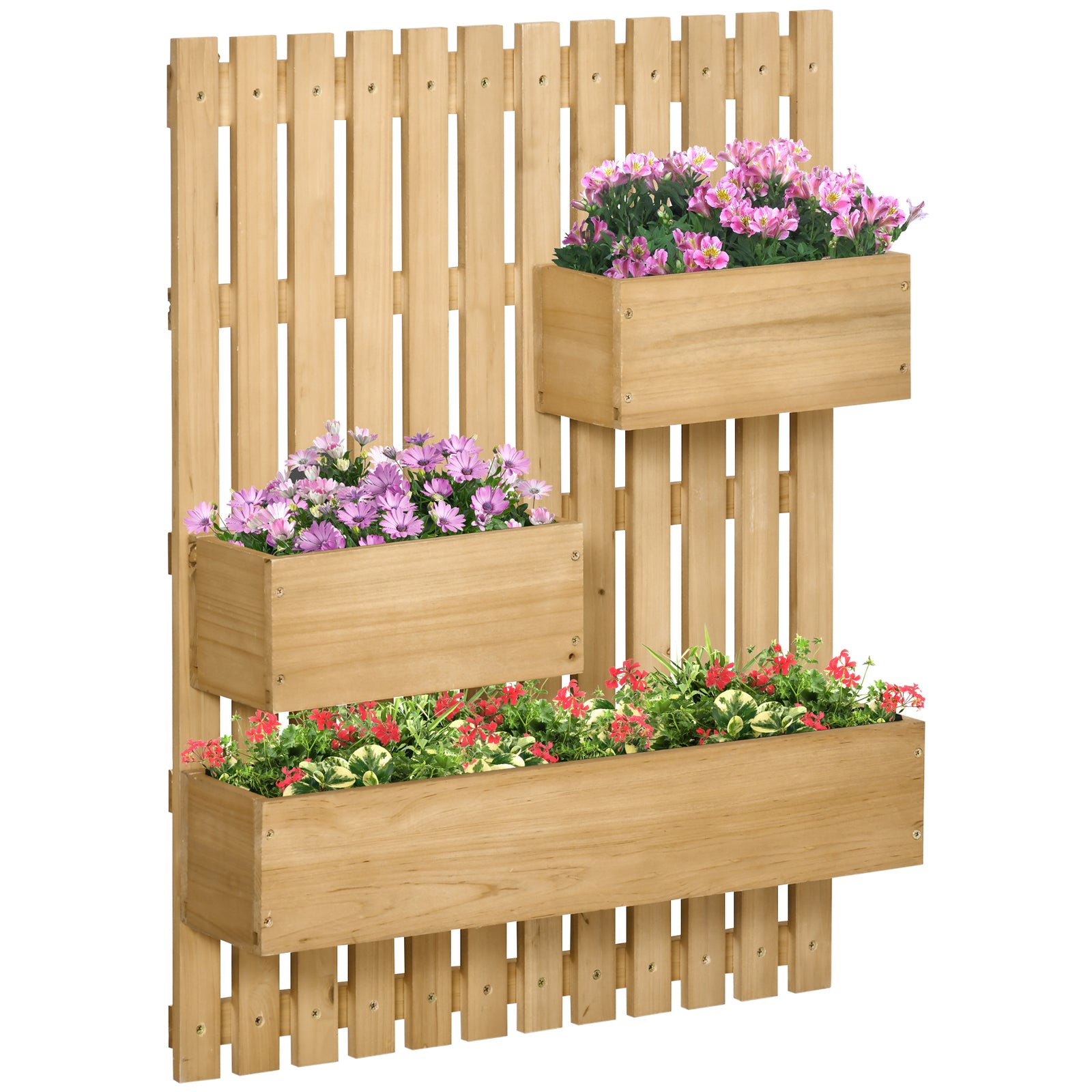 Wooden Garden Wall Planter with Trellis - Wall-Mounted Plant Holder with Drainage, 3 Adjustable Boxes - Ideal for Patio, Raised Bed Gardening in Natural Finish