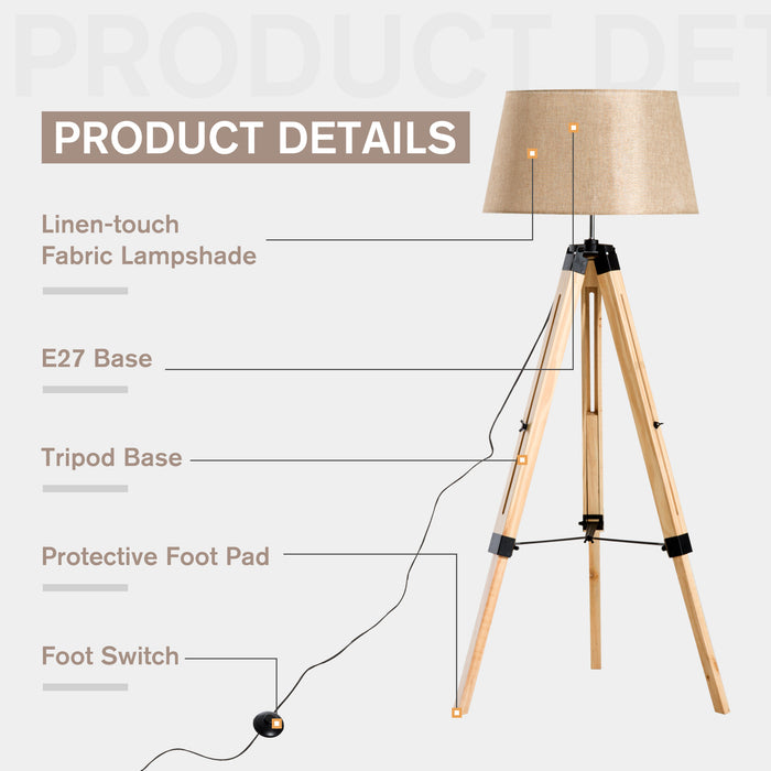 Adjustable Wooden Tripod Floor Lamp - Modern Design with E27 Bulb Compatibility, Cream Shade - Enhances Room Ambiance for Home & Office