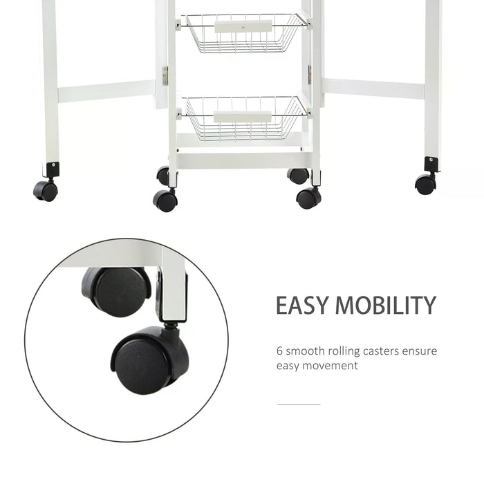3-Tier Rolling Kitchen Trolley with Drop-Leaf Extension - White Oak Tone Cart with Baskets, Drawer, and 6 Wheels for Storage Organization - Mobile Dining Solution for Home Cooks and Small Spaces