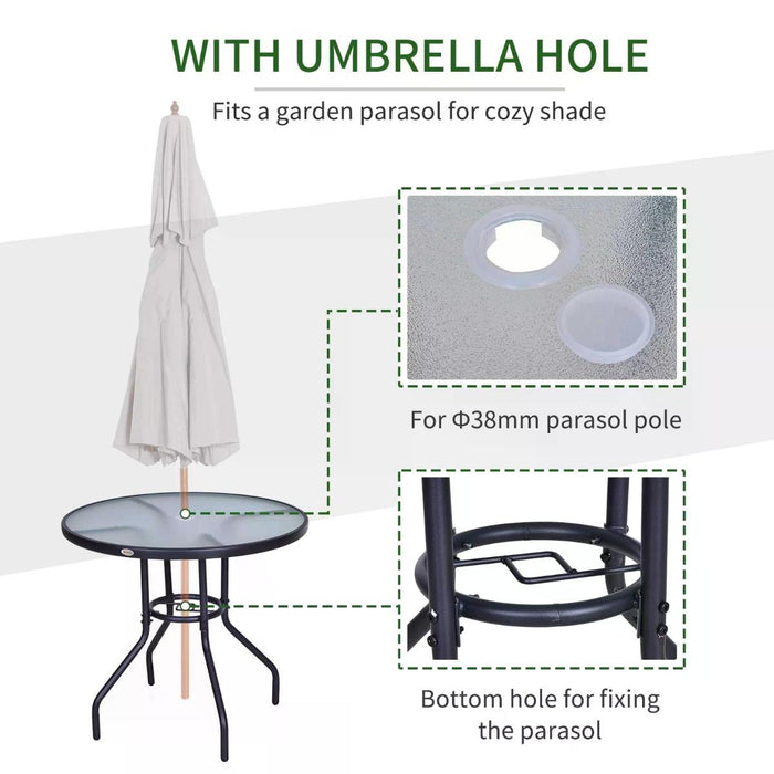 Tempered Glass Top Steel Outdoor Table - 80cm Round Dining Table with Parasol Hole for Garden - Ideal for Patio Dining and Entertainment