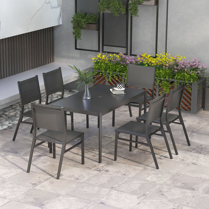 Seven-Piece Steel Dining Set - Aluminum-Top Table & Matching Chairs - Elegant Outdoor Patio Furniture