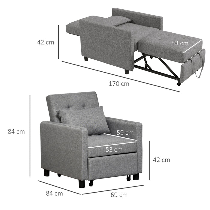 3-In-1 Convertible Chair Bed - Sleeper Chair with Adjustable Backrest, Pillow, and Footrest in Grey - Versatile Furniture for Living Room Spaces