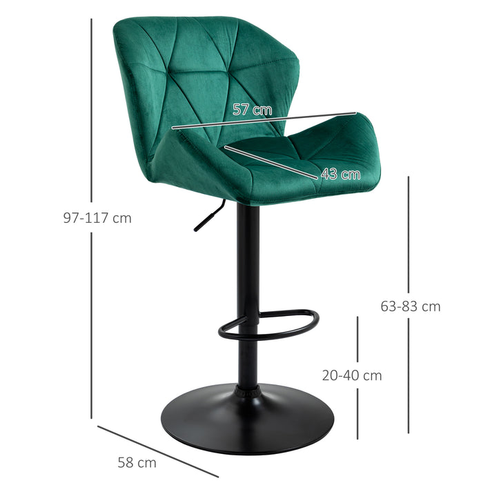 Luxurious Velvet Swivel Bar Stools - Pair of Adjustable Height Barstools with Metal Frame, Footrest, and Round Base - Ideal for Kitchen Island and Home Bar Comfort Seating in Green