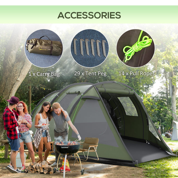 3-4 Person Two Room Tunnel Tent - Spacious Camping Shelter with Windows and Covers - Ideal for Fishing, Hiking, and Outdoor Sports, Includes Carry Bag, Green
