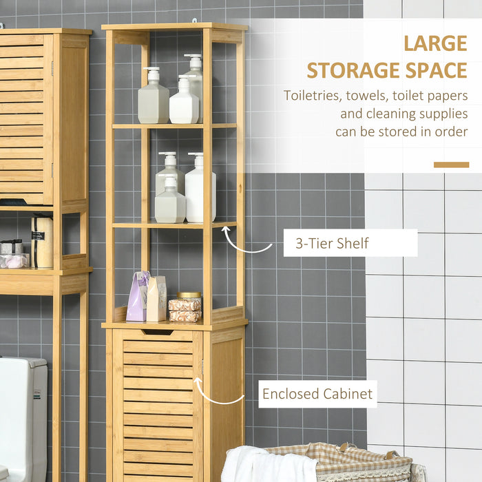 Bathroom Tallboy Storage Unit - Slim Freestanding Organizer with 3 Shelves and Cupboard - Space-Saving Solutions for Toiletries and Linens