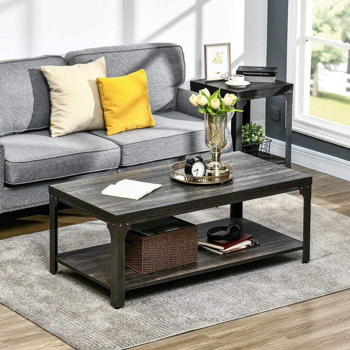 Dark Walnut Rustic Coffee Table with Thickened Top - Living Room Cocktail Table with Storage Shelf and Steel Frame - Elegant and Durable Furniture for Home Comfort