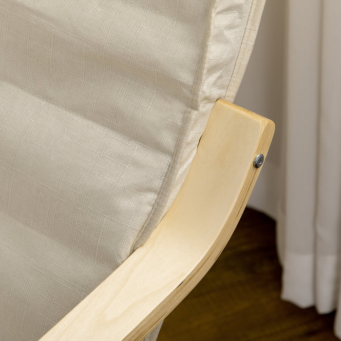 Wooden Lounging Chair with Adjustable Footrest - Cream White Relaxing Recliner with Removable Cushion - Ideal for Deck Lounging and Outdoor Comfort