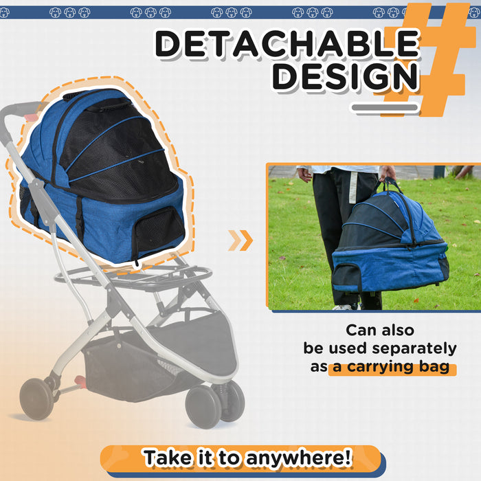 2-in-1 Detachable Pet Stroller Pushchair - Foldable Dog & Cat Travel Carriage with Carrying Bag - Convenient Mobility Solution for Animal Lovers, Dark Blue