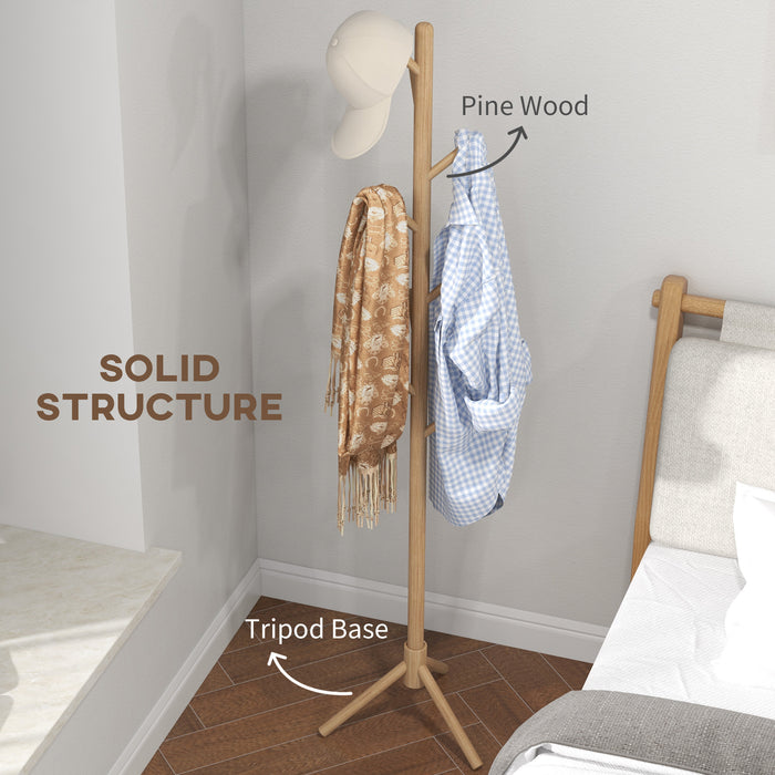Wooden Coat Stand with 8 Hooks - Elegant Natural Finish - Perfect for Home or Office Organization