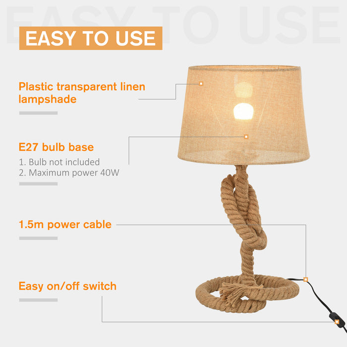 Nautical Rope-Base Table Lamp with Beige Fabric Shade - Metal Frame & Convenient Power Switch - Elegant Lighting Accent for Bedroom, Living Room, or Study