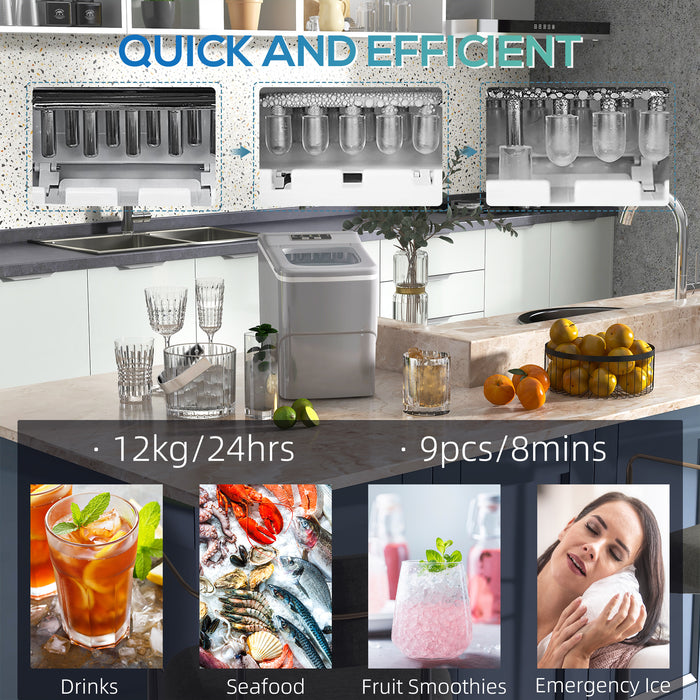 Countertop Bullet Ice Cube Maker - Quick 9 Cubes Every 8 Min, Auto Clean, View Window, Includes Scoop/Basket - Ideal for Kitchen, Office, or Bar Use in Silver Finish