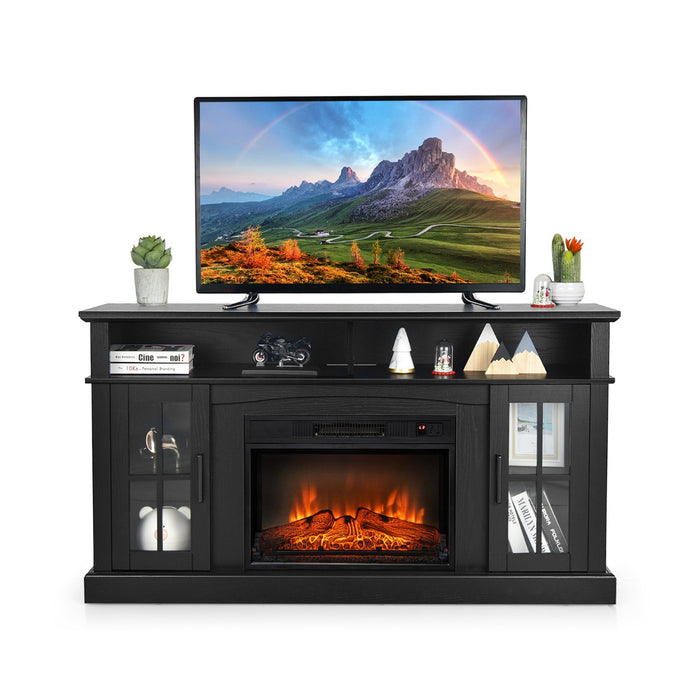 Rustic Fireplace TV Stand, 58 Inch - Two Open Storage Compartments in Sleek Black Finish - Ideal for Organizing Media and Adding Warmth to a Room