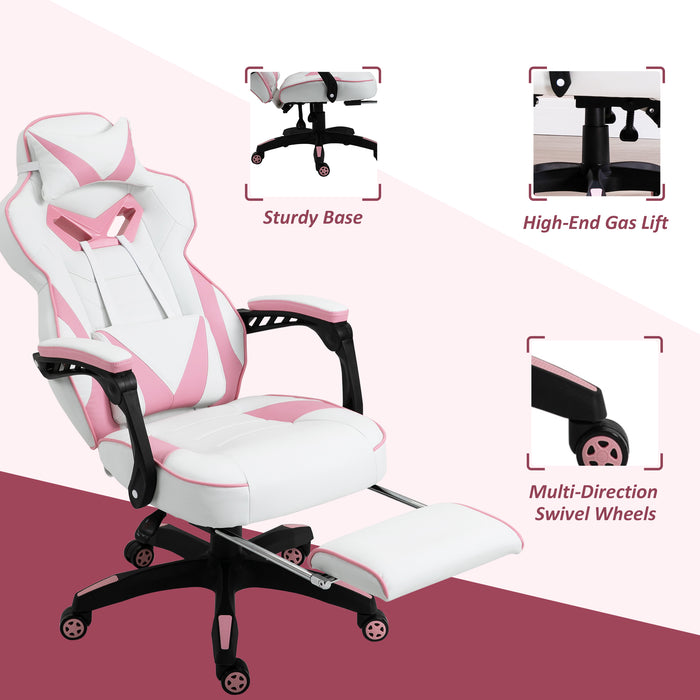 Ergonomic Racing Gamer Chair with Adjustable Features - Rolling Office Desk Chair with Headrest, Lumbar Support & Retractable Footrest in Pink - Ideal for Comfortable Gaming & Productive Work Environments