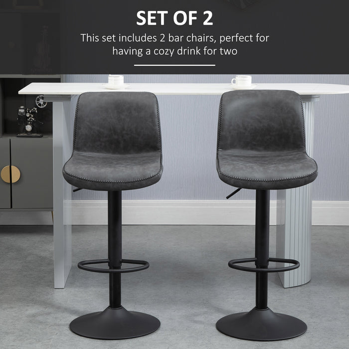 Adjustable Leather Bar Stools, Set of 2 - Swivel Seat with Height Adjustment and Footrest, Grey - Ideal for Kitchen, Breakfast Bars, and Home Entertainment Areas