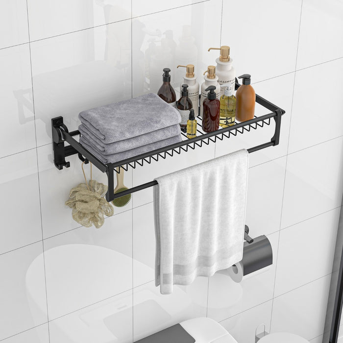 Bathroom Essentials - Foldable Towel Rack with Adjustable Bar and Movable Hooks - Ideal Space-Saving Solution for Bathrooms