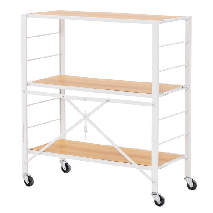 3-Tier Foldable Shelf with Detachable Wheels - Versatile Natural Shelving Unit with Height-Adjustable Shelves - Ideal for Space-Saving and Convenient Mobility