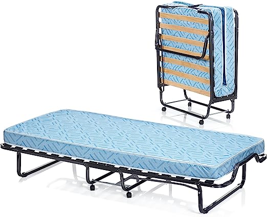 Portable Blue Bed - Folding Design with 10cm Memory Foam Mattress and Wheels - Ideal for Space Saving and Convenient Mobility
