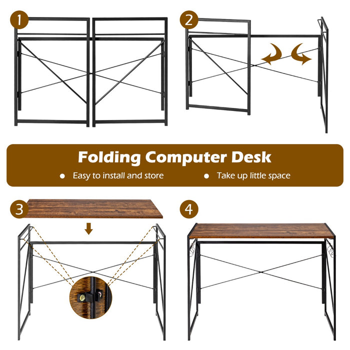 Folding Computer Desk - Rustic Brown Writing Study Desk with 6 Hooks - Ideal Home Office Furniture Solution