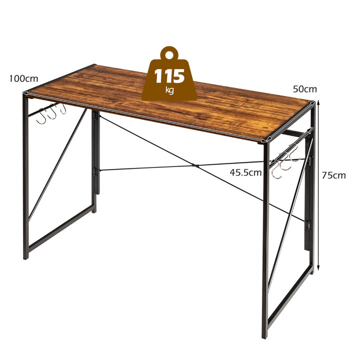 Folding Computer Desk - Rustic Brown Writing Study Desk with 6 Hooks - Ideal Home Office Furniture Solution