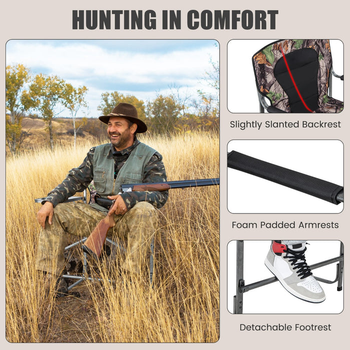 Folding Tall Hunting Chair - Side Table, Detachable Footrest, Cup Holder Feature - Ideal for Outdoor Hunters and Campers