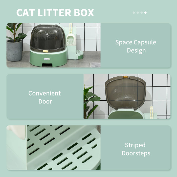 PP Cat Litter Box with Drawer - Easy-Clean Scoop & Openable Cover Design in Green - Ideal for Hassle-Free Pet Waste Management