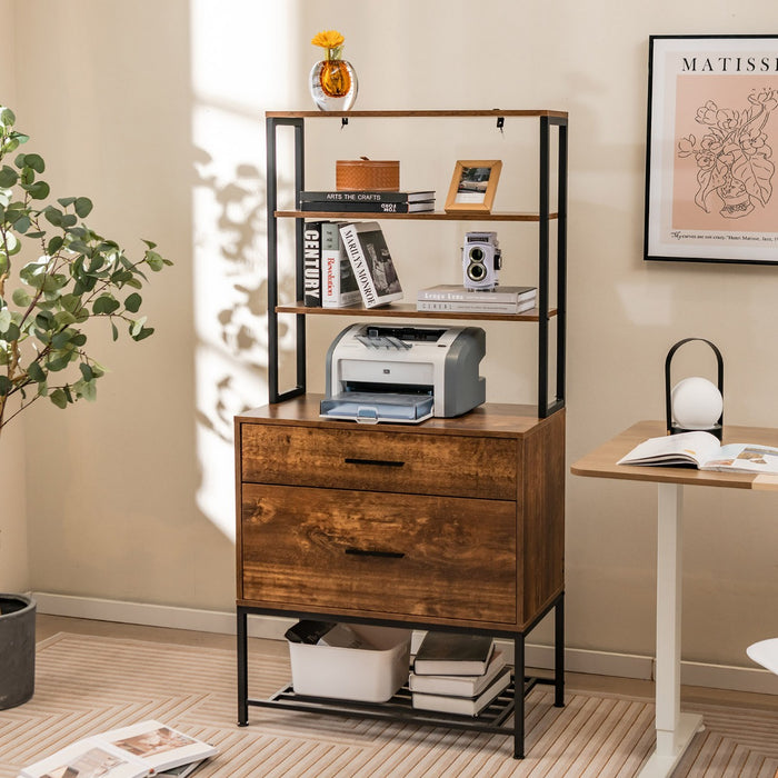 Freestanding Printer Stand - 3-Tier Open Shelves, Large Drawer, Rustic Brown Design - Ideal for Office/Home Organization