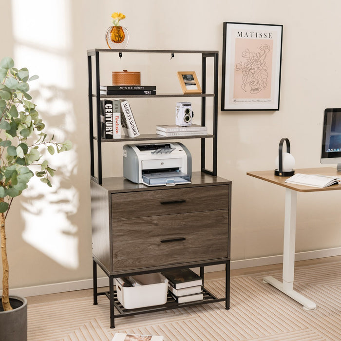 Freestanding Printer Stand - 3-Tier Open Shelves, Large Drawer, Rustic Brown Design - Ideal for Office/Home Organization