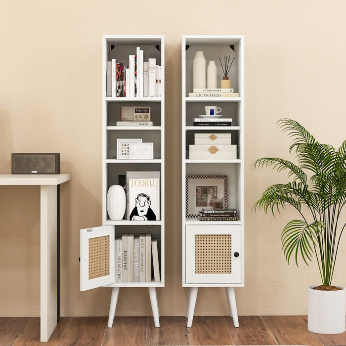 Slim Freestanding Cabinet with Rattan Door - Solid Wood Legs and Stylish Woven Design - Ideal Storage Solution for Compact Spaces