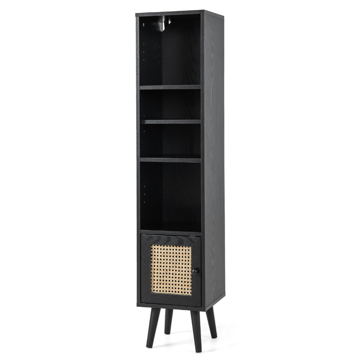 Slim Freestanding Cabinet with Rattan Door - Solid Wood Legs and Stylish Woven Design - Ideal Storage Solution for Compact Spaces