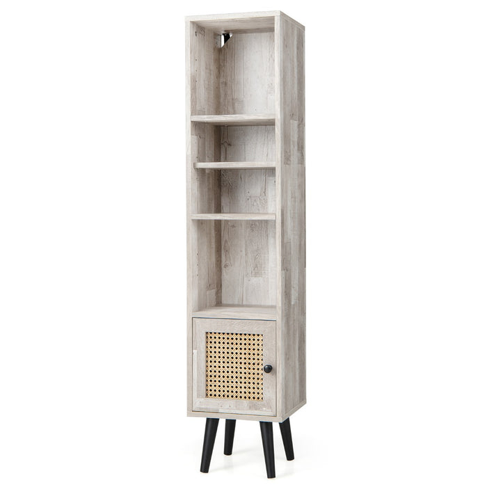 Slim Freestanding Cabinet with Rattan Door - Solid Wood Legs and Stylish Woven Design - Ideal Storage Solution for Compact Spaces