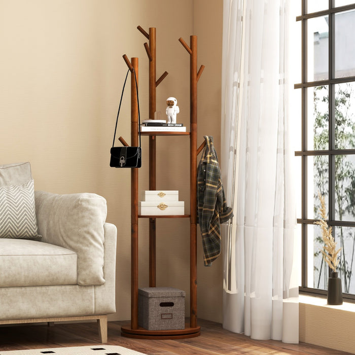 Wooden Freestanding Coat Tree - With 3 Display Storage Shelves and 9 Hooks - Ideal for Organizing Hats, Coats and Scarves