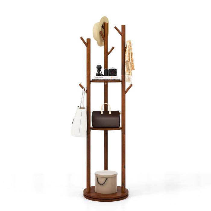 Wooden Freestanding Coat Tree - With 3 Display Storage Shelves and 9 Hooks - Ideal for Organizing Hats, Coats and Scarves