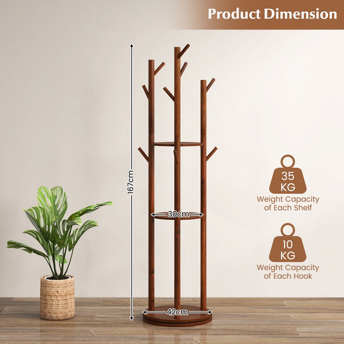 Wooden Freestanding Coat Tree - With 3 Display Storage Shelves and 9 Hooks - Ideal for Organizing Hats, Coats and Scarves