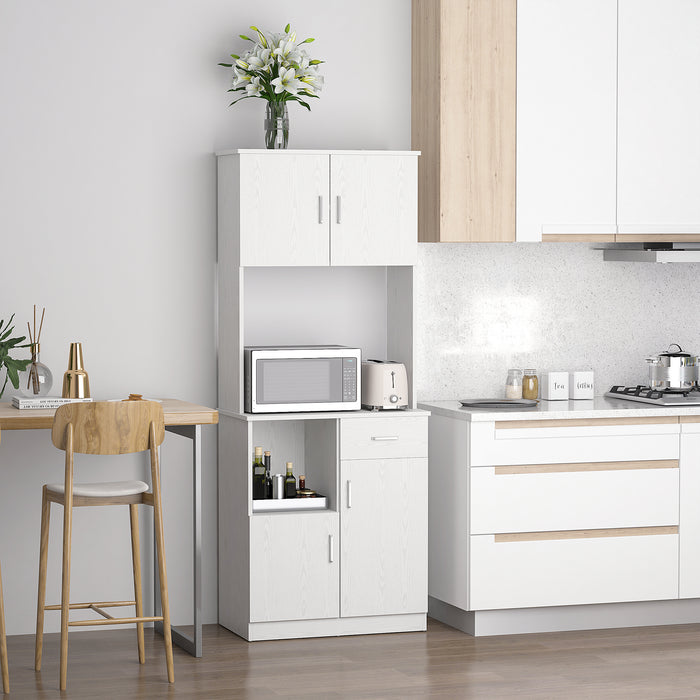 Versatile Freestanding Kitchen Storage Unit - Microwave Stand, Dual Cabinets, Adjustable Shelving in Classic White - Ideal for Organizing Kitchenware & Appliances