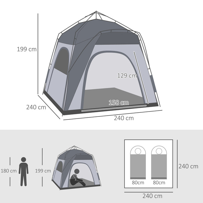 4-Person Instant Setup Tent - Outdoor Pop-Up, Backpacking Dome Shelter, Light Grey - Ideal for Family Camping and Hiking Adventures