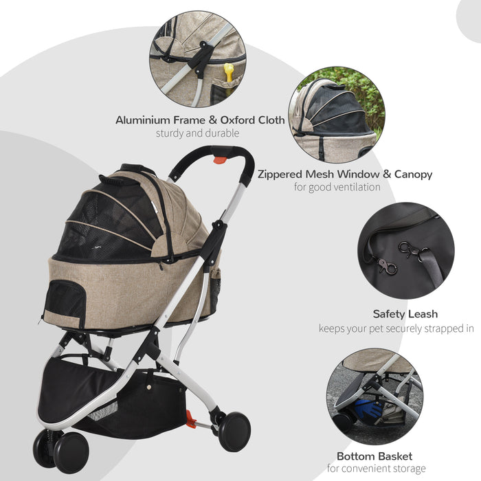 2-in-1 Pet Stroller and Carrier - Detachable, Foldable Dog and Cat Pushchair with Carrying Bag - Perfect for Small Animals, Light Brown Color
