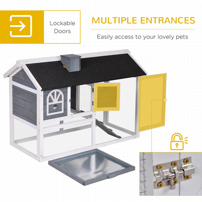 Wooden Rabbit Hutch and Guinea Pig Cage - Outdoor/Indoor Shelter with Pull Out Tray, Run Box, and Ramp - Ideal for Small Animals with Weatherproof Asphalt Roof in Grey